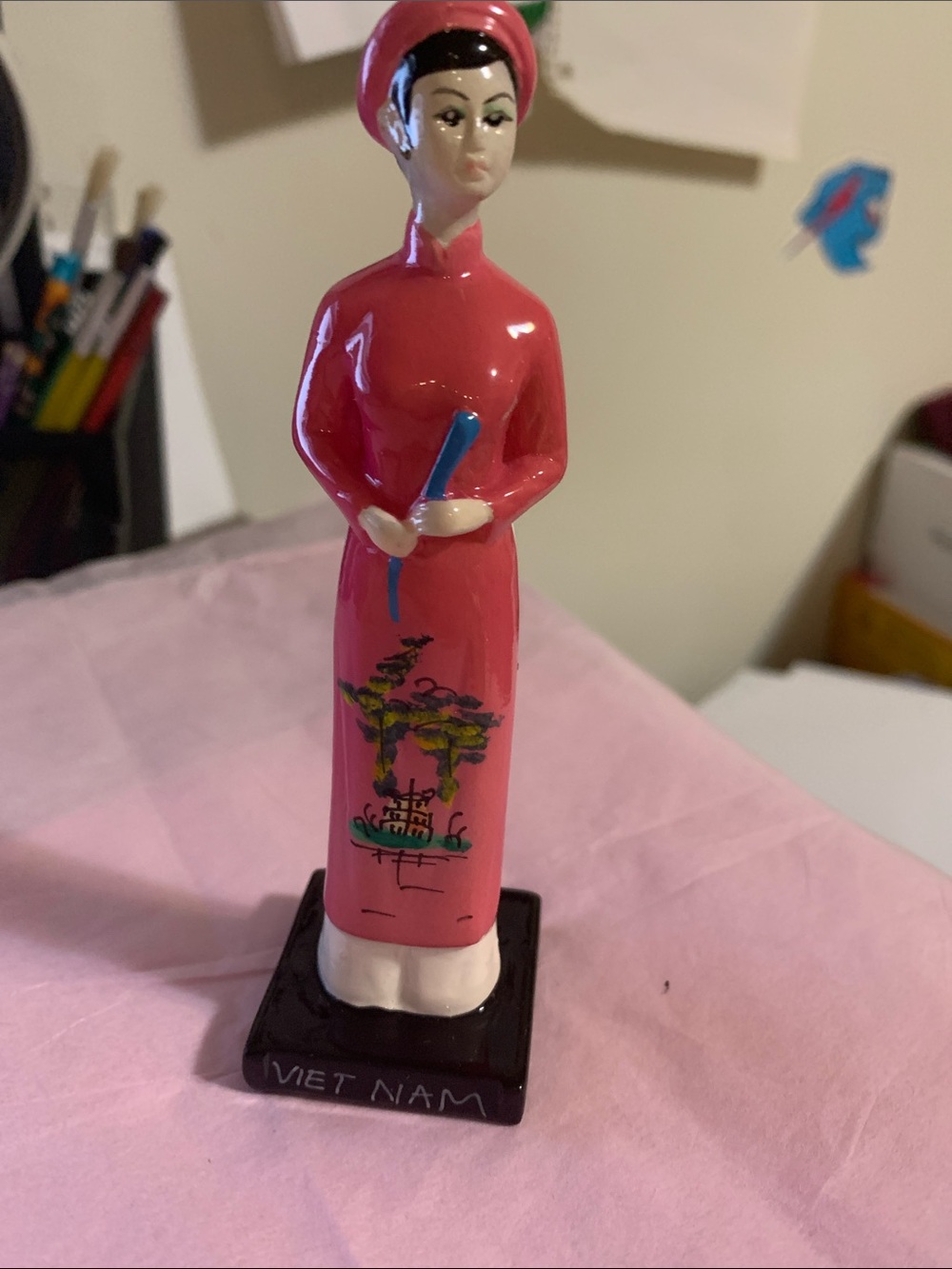 Pink Vietnamese Ceramic Lady Figurine 5”